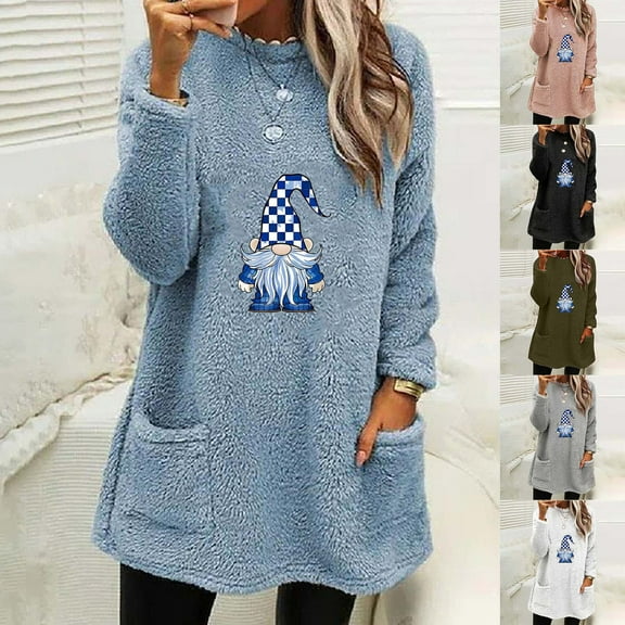 Aboser Merry Christmas Sweatshirt Women Funny Xmas Gnomes Printed Pullover Fluffy Fleece Long Loungewear Loose Fit Crewneck Sweatshirts Warm Casual Holiday Tops with Pockets