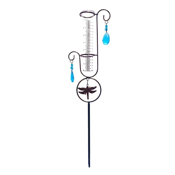 Decorative Rain Gauge Outdoor, Easy-to-Read Large Plastic Rain Gauge, Garden Yard Decoration with Dragonfly Motif, Heavy-Duty Metal Stand, 7 in (17.7 cm) Cylinder