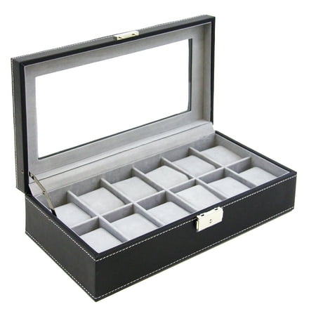 Watch Box Large 12 Mens Black Leather Hinge Display Glass Jewelry Case Organizer