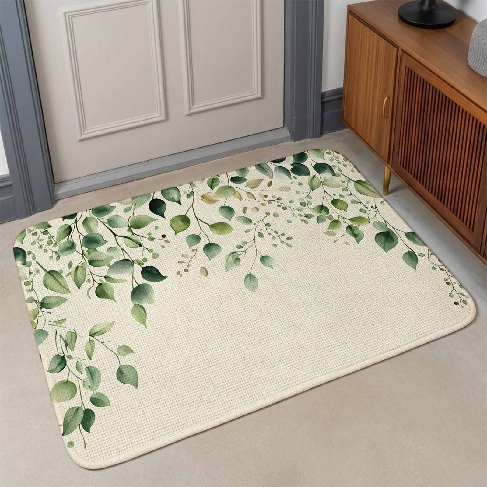 Green Eucalyptus Leaf Front Door Mat Indoor Entrance, Country Watercolor Plant Absorbent Dirt Resist Welcome Mats Non-Slip Low-Profile Doormat Washable Entry Rug Indoor Outdoor 17x30 Inch
