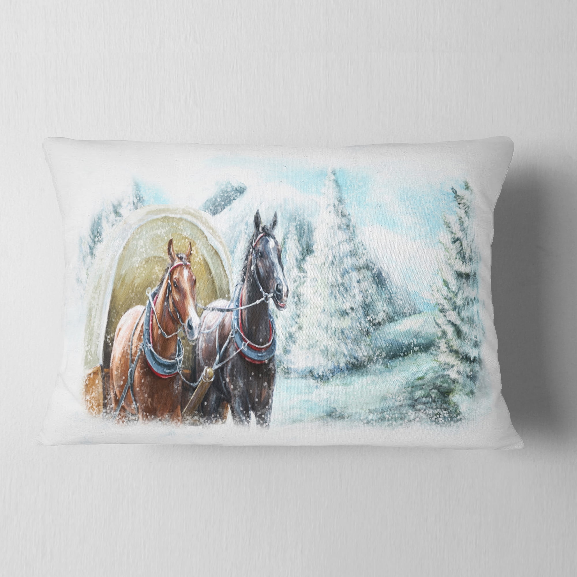 Designart Painted Scene with Horses in Winter - Landscape Printed Throw Pillow - 12x20