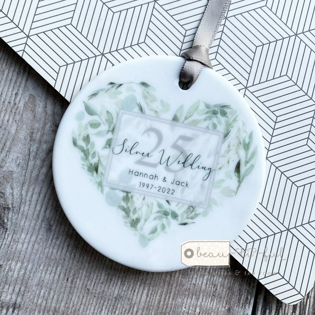 Personalised Mr & Mrs Wedding Anniversary Years Eucalyptus Greenery Heart Ceramic Round De - As Picture - 5-Pack