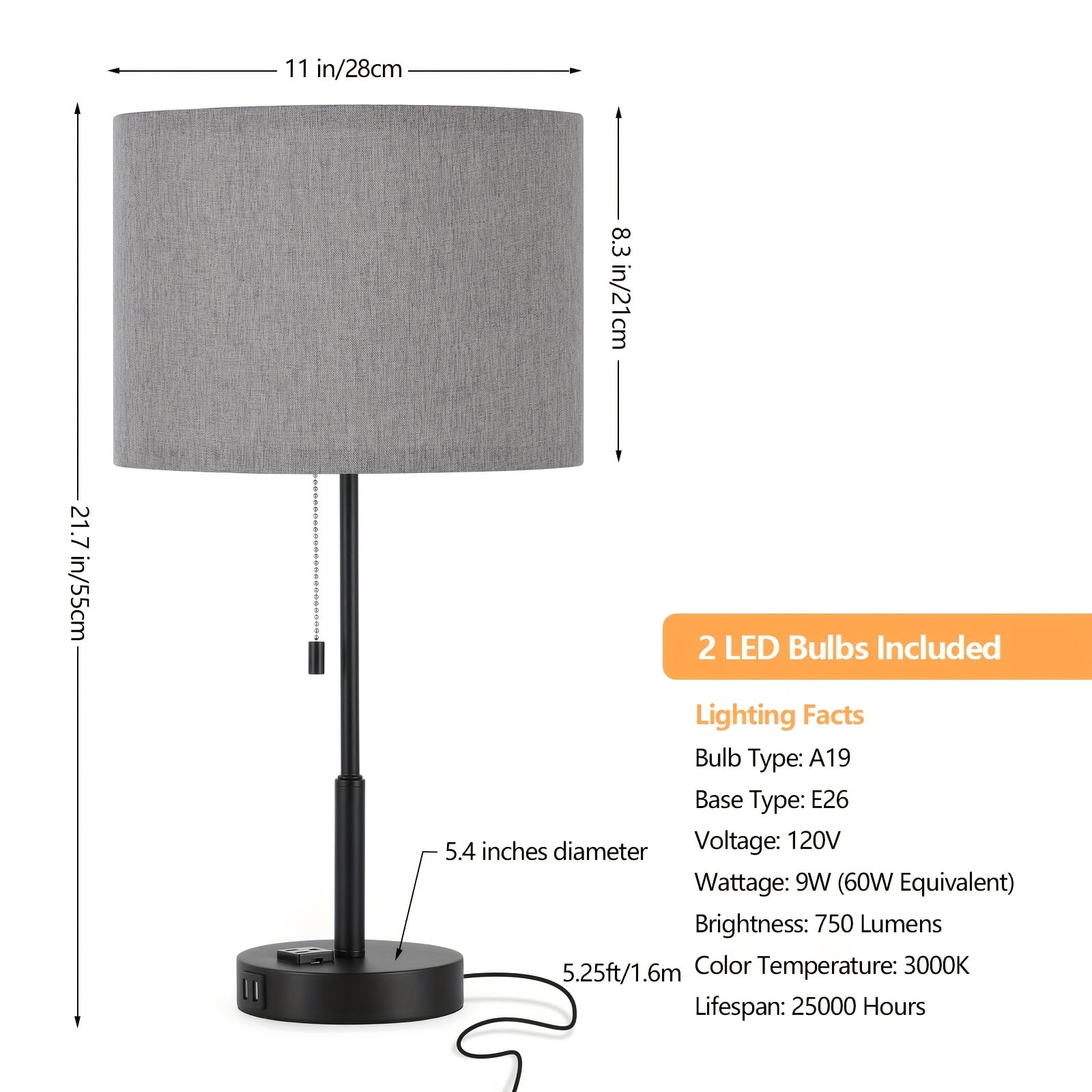 Modern Style Large Table Lamp Set, with 2 USB Ports And a 3-Hole AC Socket Table Lamp, Suitable for Bedroom, Living Room, Study, Including LED Light Bulb, 21.7 Inches High