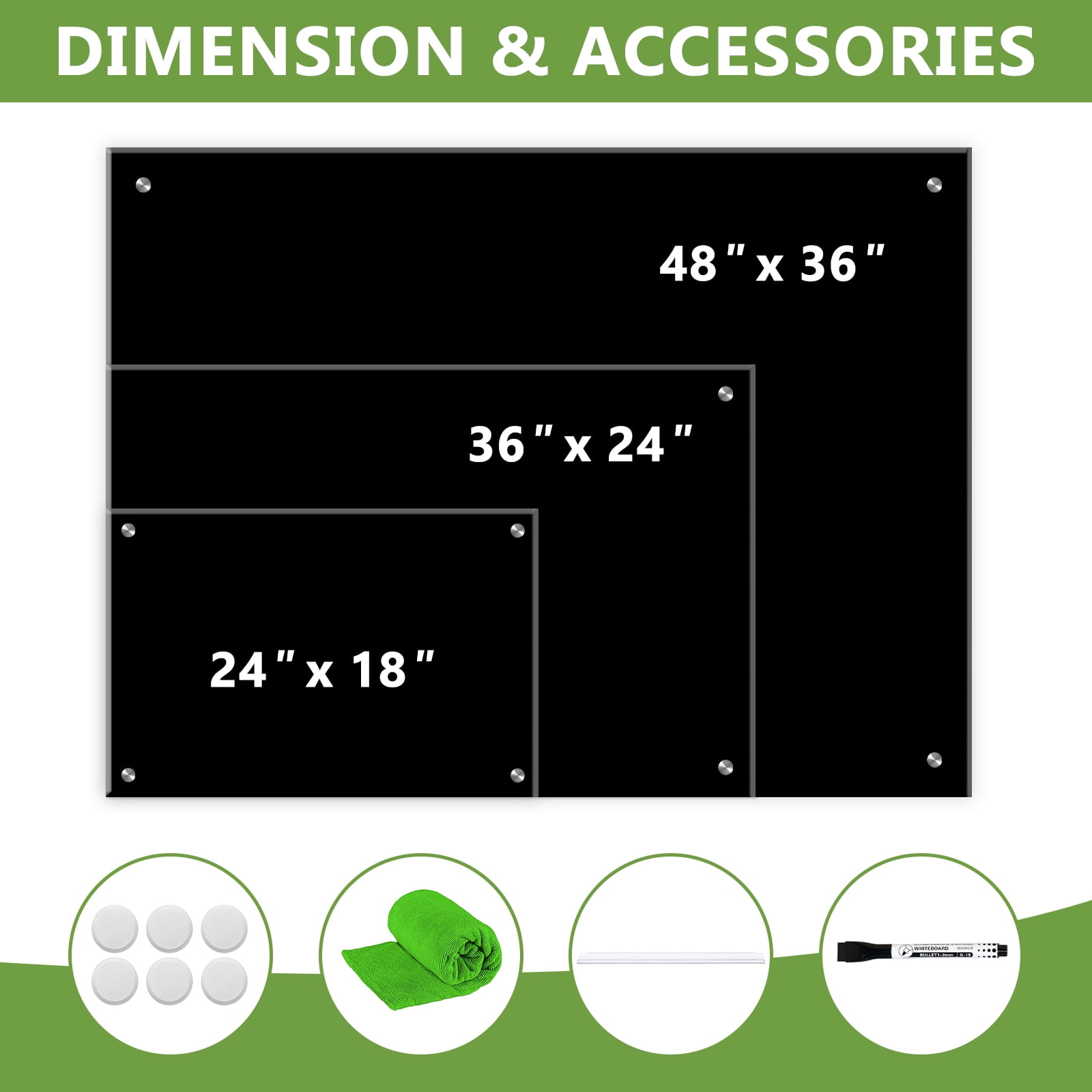 Black Glass Dry Erase Board 24"x18" Magnetic Glass Board, Framless Black Glass Whiteboard for Wall, Bulletin Board for Office, with Strong Magnets and Marker