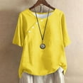 thumbnail image 2 of Lovskoo Linen Summer Tops for Women 2024 Round Neck Short Sleeve Solid Color Casual Linen Knot Button Top Yellow, 2 of 6