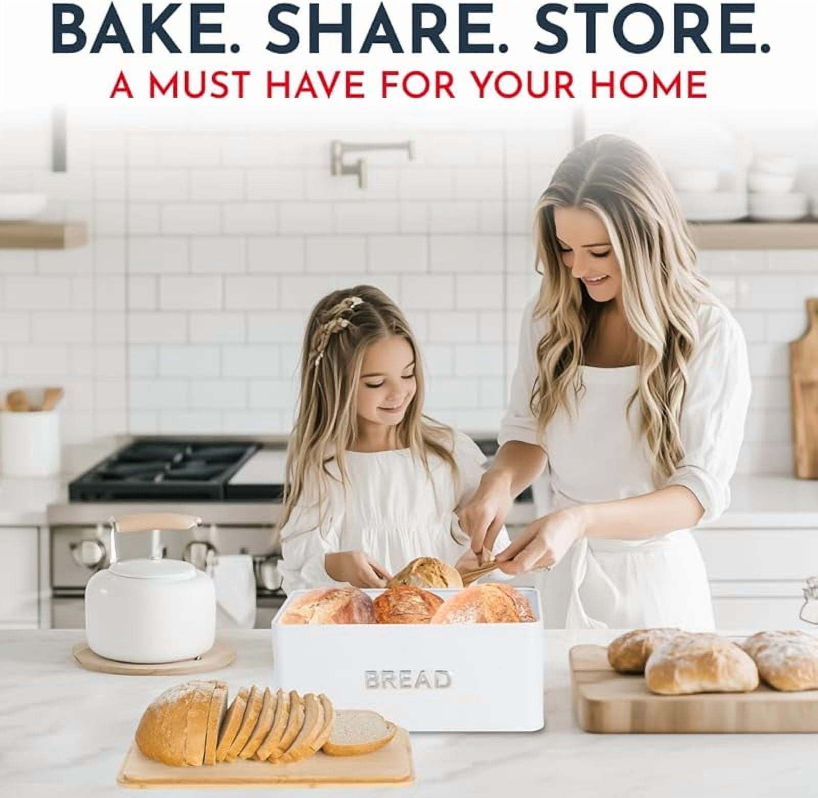 Cnshop White Bread Box with Bamboo Lid, Large Kitchen Countertop Bread Storage Box with Cutting Board Lid