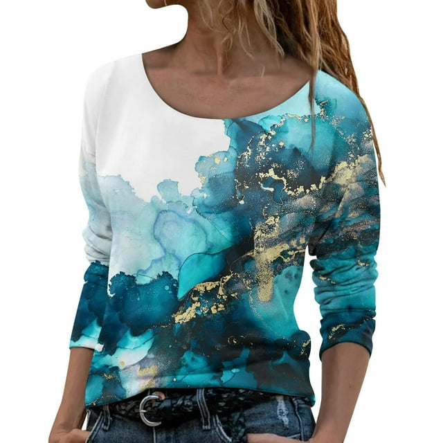 T-shirts à Manches Longues Col Rond pour Femmes Hauts Tunique Imprimée Florale Tendance Hauts Décontractés Amples Confortables Chandails en Molleton Blouses