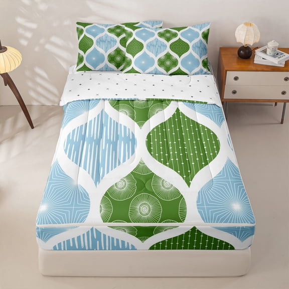 Homewish Bohemian Swirl Lines Zipper Twin Comforter Sets with Fitted Sheet and 2 Pillowcases,Modern Geometric Zipper Bedding Set,Blue Green,Reversible,4pcs