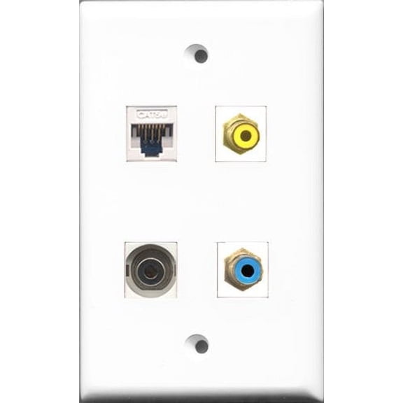 RiteAV 1 Port RCA Yellow and 1 Port RCA Blue and 1 Port 3.5mm and 1 Port Cat5e Ethernet White Wall Plate