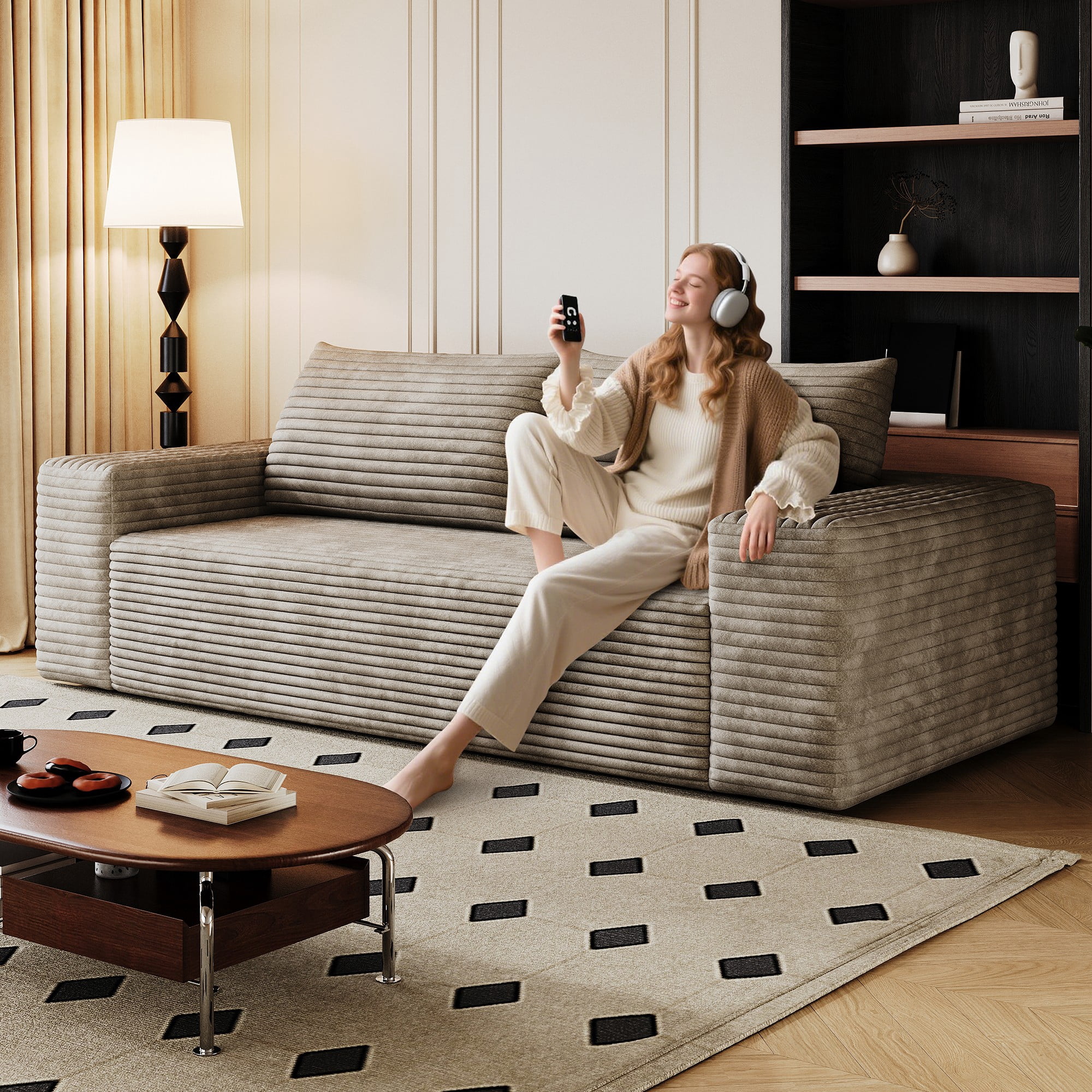 71" Corduroy Deep Seat 3 Seatser Sofa, No Assembly Comfy Couch for Living Room Bedroom Apartment, Camel