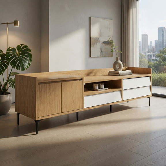 GVN TV Stand for TVs up to 80 Inch Mid Century Modern Entertainment Center with Storage Cabinet for Living Room Bedroom Media Console Furniture, Natural