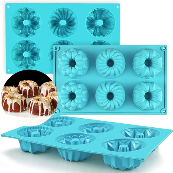 Mini Cake Pan - Silicone Fluted Tube Cake Pans European Grade Non Stick Fancy Molds for jello, Cupcake, Doughnut Donut, Cornbread, Brownie (Set of 3)