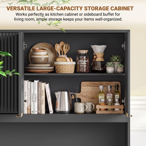 71" Tall Kitchen Pantry Cabinet with Power Outlet and Open Countertop, Modern Multi-Functional Storage Hutch Cabinet for Dining Room, Entryway and Living Room, Black