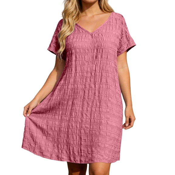 Puliio Mini Dresses for Women Summer Short Sleeve V Neck Textured Loose Casual Daily Wear Dress