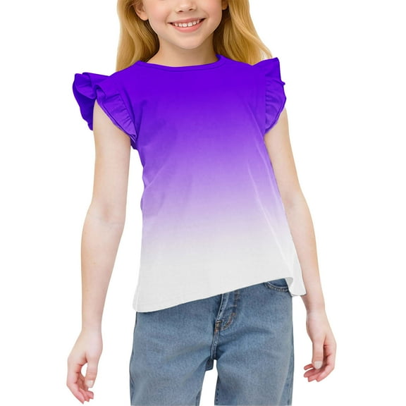 TEAJOPSUU Girls Flying Sleeve Shirt Gradient Color Crew Neck Tunic Top Soft Summer Blouse Casual Tees for 3-15 Years C-Purple