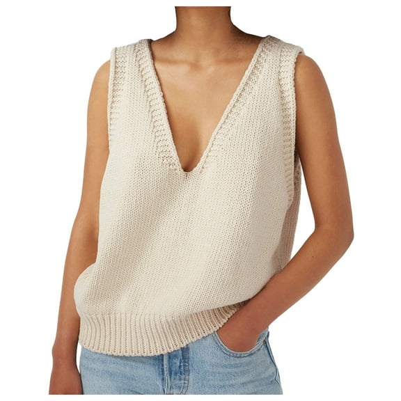 Womens Sweater Solid Sleeveless V Neck Loose Fit Knitted Tank Plus Size Vest Lightweight Sweaters