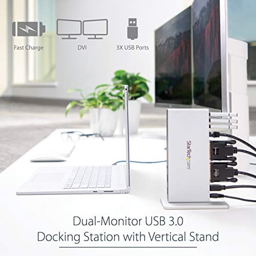 StarTech.com Dual Monitor USB 3.0 Docking Station w/ DVI to VGA & HDMI Adapters, 5x USB 3.0 & Audio - Vertical DVI Dock for Mac & Windows (USB3SDOCKDD),Black & silver