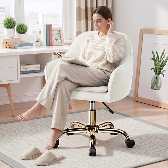 COOLHUT Office Desk Chair with Padded, Velvet Vanity Chair with Back and Wheels, Comfy Home Office Chiar with Gold Legs, Height Adjustable, Rolling Chair for Vanity Room, Makeup Room, Bedroom, Beige