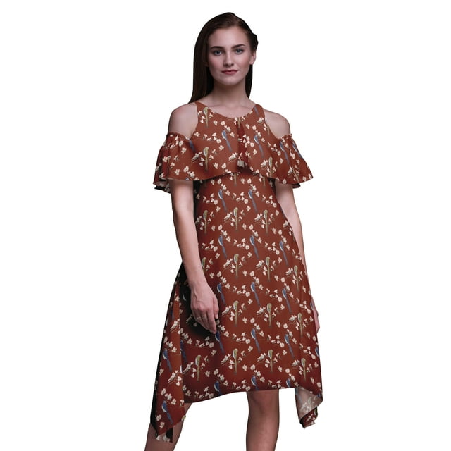 Bimba Red Bird Print Cold Shoulder Women Swing Tunic Flutter Sleeve Midi Dress - Small