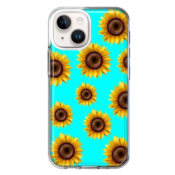 MUNDAZE Case for Apple iPhone 15 Plus Hybrid Shockproof Slim Hard Soft TPU Shell Heavy Duty Protective Phone Cover - Yellow Sunflowers Polkadot on Turquoise Teal
