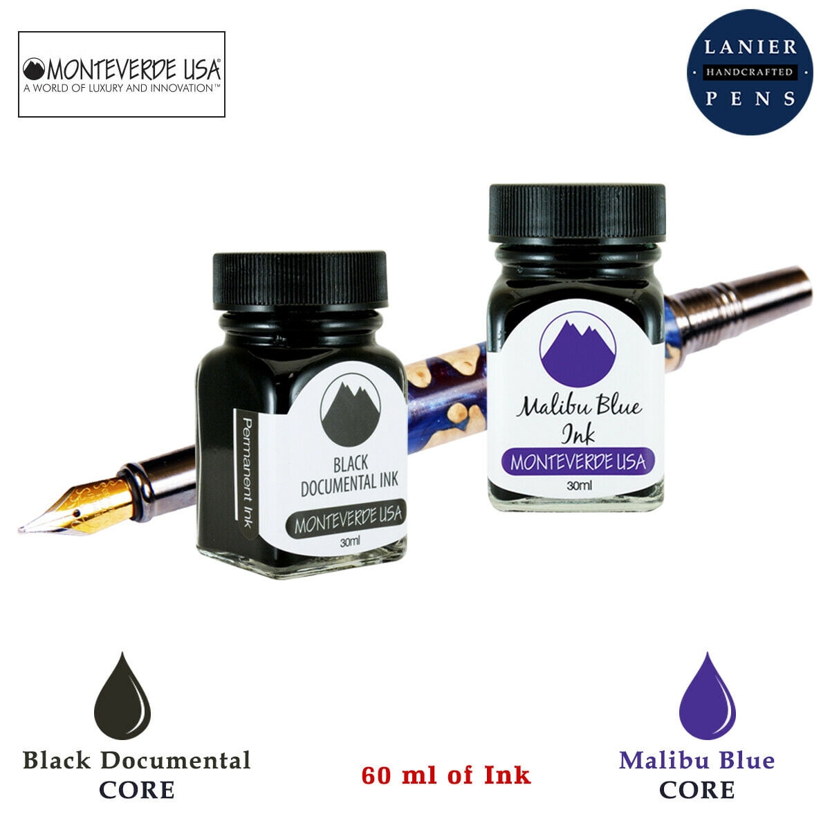 Monteverde 60ml Core Fountain Pen Ink Bottle (30ml Black Documental Ink Bottle G309DB, 30ml Malibu Blue Ink Bottle G309MU)