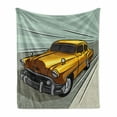 thumbnail image 1 of Cars Soft Flannel Fleece Blanket, Speeding Yellow Vintage Car on Road Fast Vehicle Action Retro Inspired, Cozy Plush for Indoor and Outdoor Use, 50" x 60", Reseda Green Yellow Grey, by Ambesonne, 1 of 6