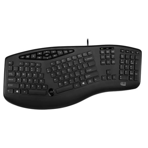 Adesso AKB-160UB Wired Ergonomic Keyboard with Integrated Palm Rest, Chiclet Keycaps, and Multimedia Hotkeys
