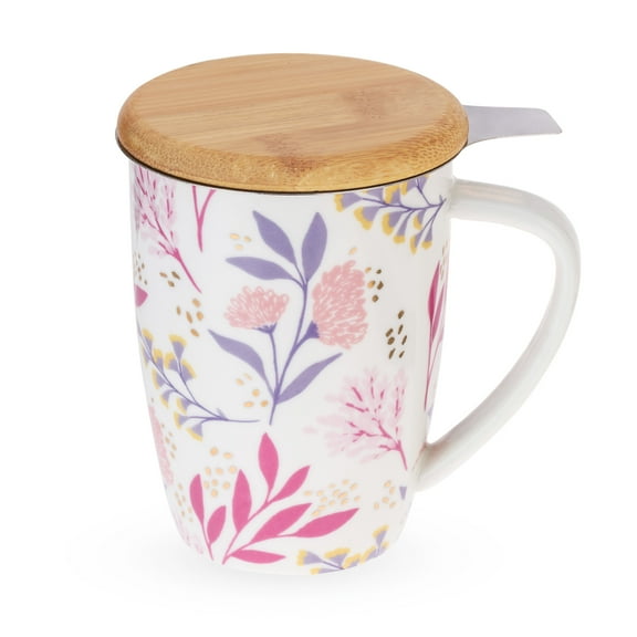 Pinky Up Bailey Ceramic Tea Cup with Infuser, Tea Mug, 12oz Botanical Bliss