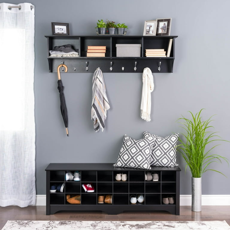 Prepac Black Wooden Shoe Storage Cubby Bench 24 Pair Narrow Entryway Organizer Furniture Wood Cabinet Rack with Shelf Walmart