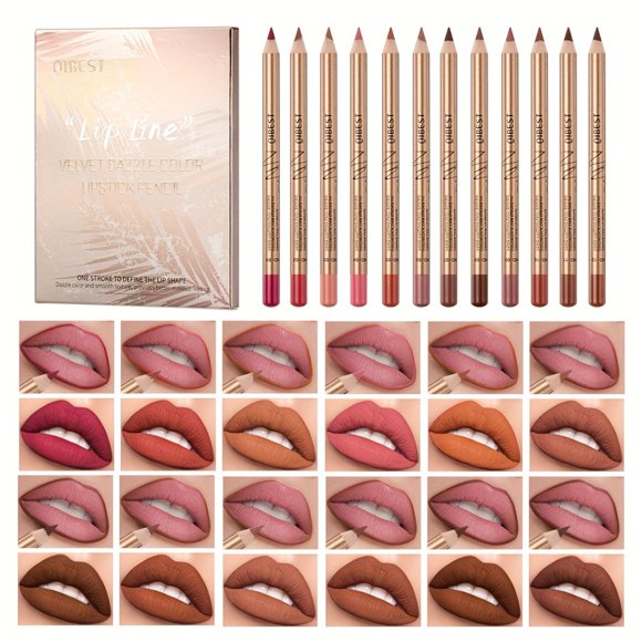JUNWELL 12-Color Velvet Lip Liner Pencil Gift Set - Smudge-Proof Long-Lasting Matte Finish Non-Transferable Golden Tube Lip Pencils with Plant Squalane - Perfect Mother‘s Day Gift for