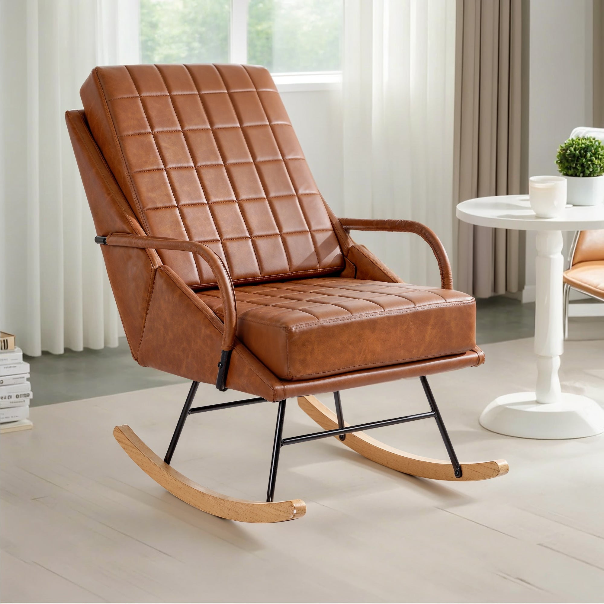VECELO Nursery Rocking Chair with High Backrest, PU Leather Comfortable Rocker with Padded Seat for Living Room, Bedroom, Brown