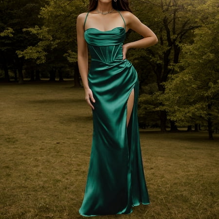 QIUYI Women Sexy Satin Corset Maxi Dress Silky Strap Push Up Fishbone Ruched Evening Party Long Dresses Chic Elegant A-Line Dress