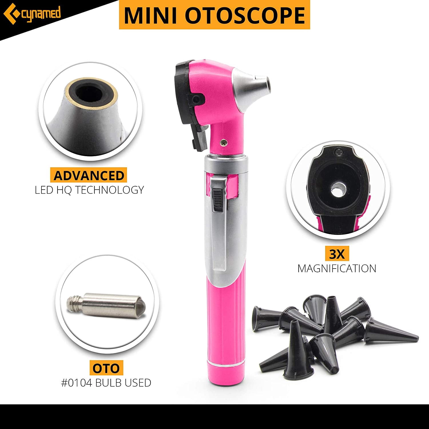 Cynamed Mini Otoscope - Portable Ear Light and Exam Kit for Home and Professional Use - 4X Magnifying Fiber Optic Scope with Spare Tips, Bulb, and Carrying Case - Pocket Diagnostic Equipment (Pink)
