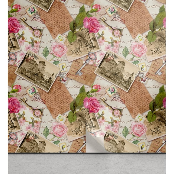 Ambesonne French Peel & Stick Wallpaper for Home, Nostalgia City Scene Roses, 13"x72", Caramel Pink Multicolor