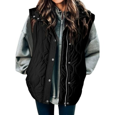 SHEWIN Puffer Jackets for Women Lightweight Cropped Puffer Vest Button Zip Up Stand Collar Sleeveless Quilted Coat Fall Winter Outerwear with Pockets Black