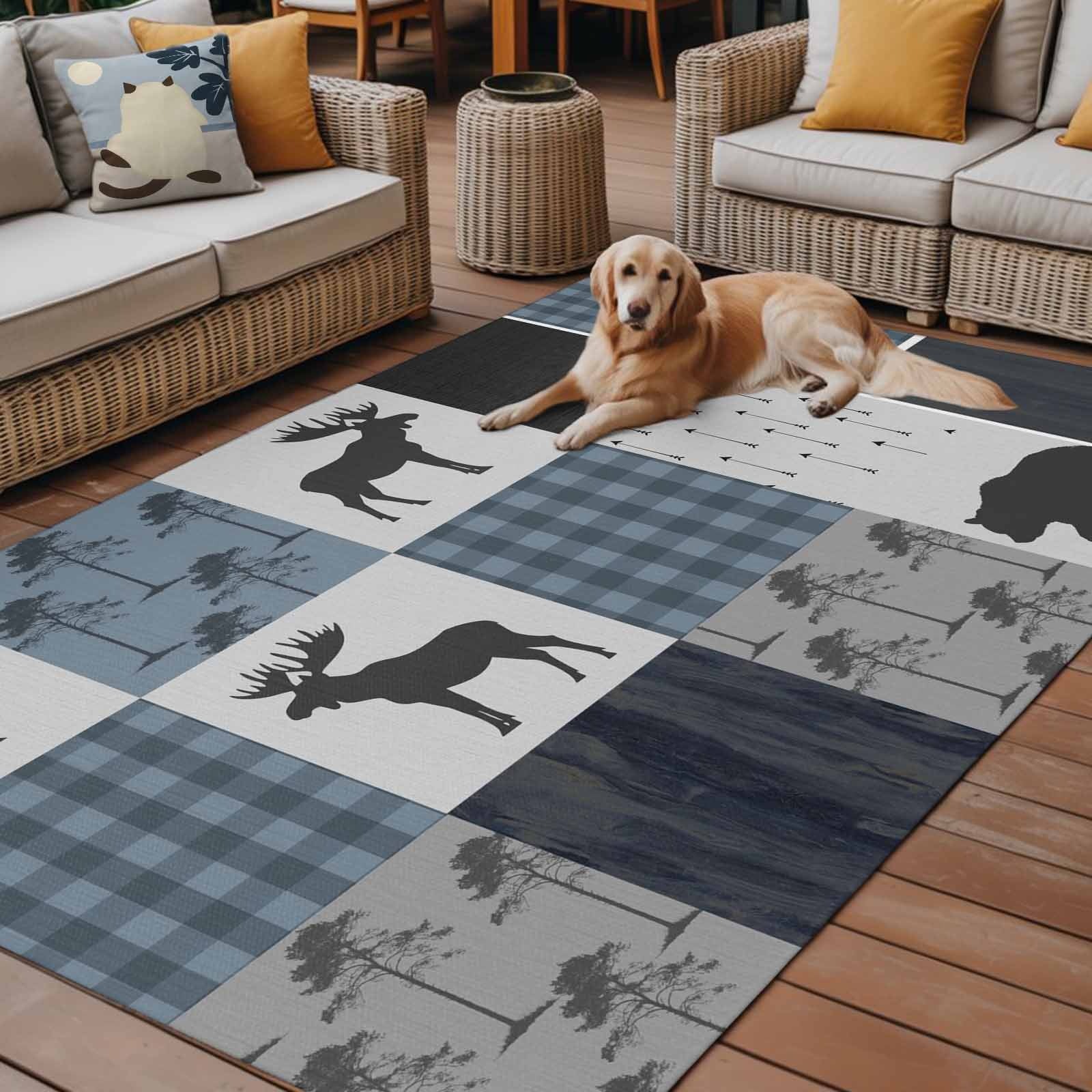 Outdoor Rug 6x9 ft Country Forest Bear Moose Waterproof Outdoor Patio Rug Mat Non Slip Outside Area Rugs Carpet for RV,Camping,Porch,Deck,Pool,Balconybackyard,Rustic Farmhouse Blue Black Plaid