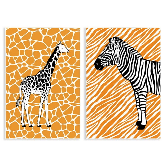 Stupell Industries Jungle Animals on Orange Animals Painting Unframed Art Print Wall Art, 10 x 15, Set of 2
