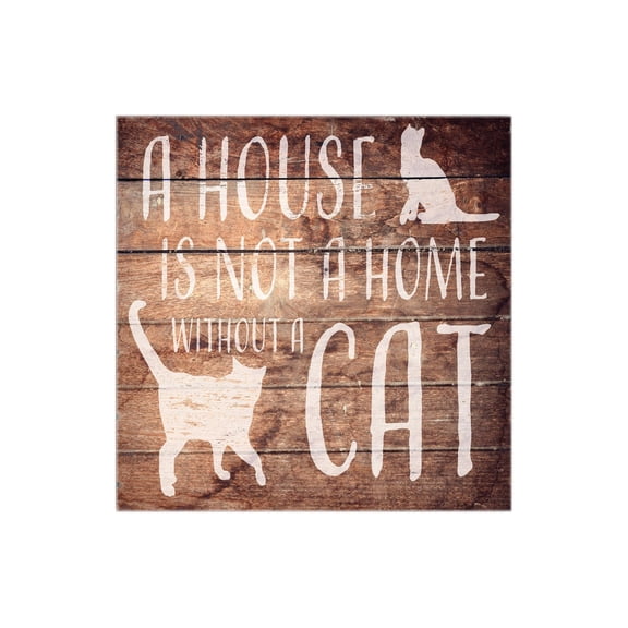 Home With Cat Brown Woodgrain Cat 12 x 12 Wood Wall Sign Plaque