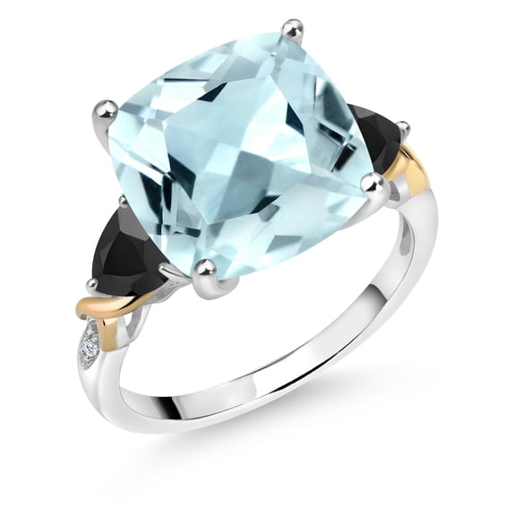 Gem Stone King 925 Silver and 10K Yellow Sky Blue Simulated Aquamarine and Black Onyx and Diamond Ring for Women (6.73 Cttw, 12MM Cushion and 5mm Trillion) (Size 9)