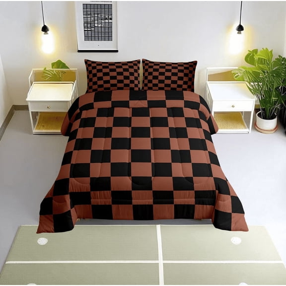 Erosebridal Vintage Checkered Bedding Sets Twin with Comforter, Square Geometric Duvet Insert, Buffalo Check Decor, Lightweight