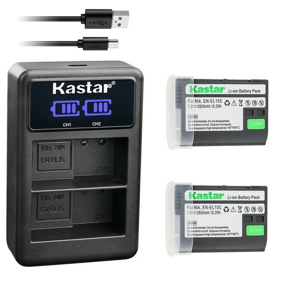 Kastar 2-Pack EN-EL15C Battery and LED2 USB Charger Compatible with Nikon EN-EL15 EN-EL15a EN-EL15b EN-EL15c Battery, MH-25 MH-25a MH-25b Charger, MB-D11 MB-D12 MB-D14 MB-D15 MB-D16 MB-D18 Camera Grip