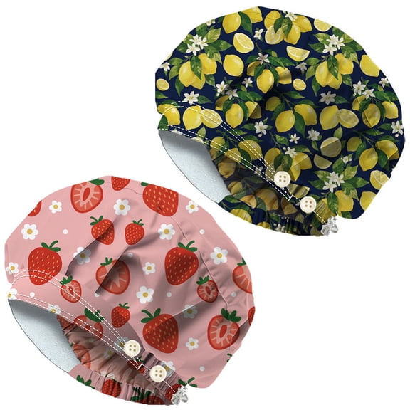 2Pcs Scrub Caps with 4 Buttons Adjustable Nursing Working Caps With Button Sweatband Bouffant for Women Men Doctor Fruit