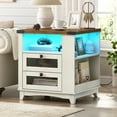 thumbnail image 2 of Farmhouse End Table Set of 2, 24''Large Sofa Side Table with LED Light and Charging Station, Square Nightstand with Side Shelves and 2 Drawers, for Bedroom, Living Room.White and Walnut, 2 of 9