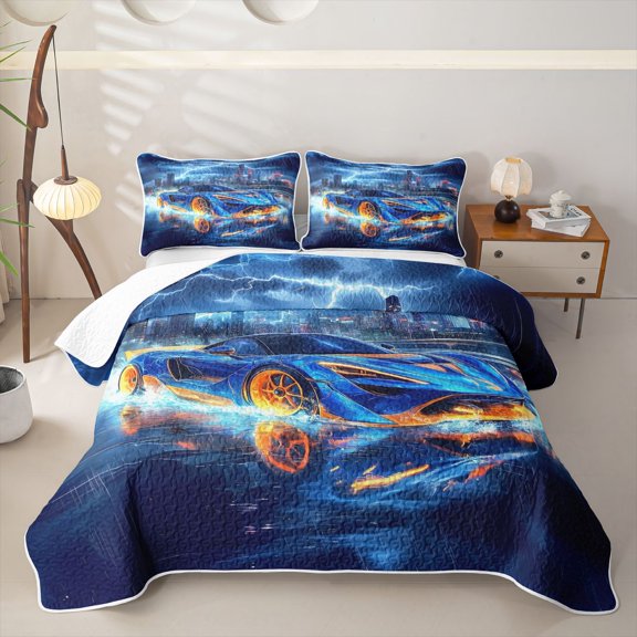 Erosebridal Blue Fast Car Twin Quilt Set for Boys,Car Theme Twin Coverlet Set for Teens
