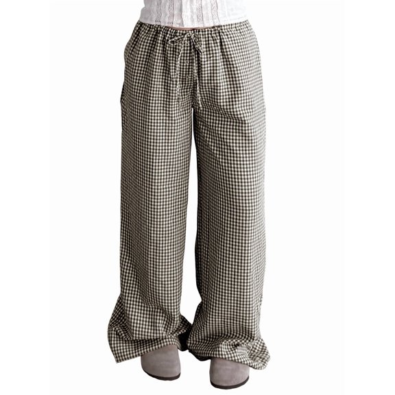 Women's High Waisted Drawstring Pockets Wide Leg Pants Woman Plaid Trousers for Casual Summer Black & White S