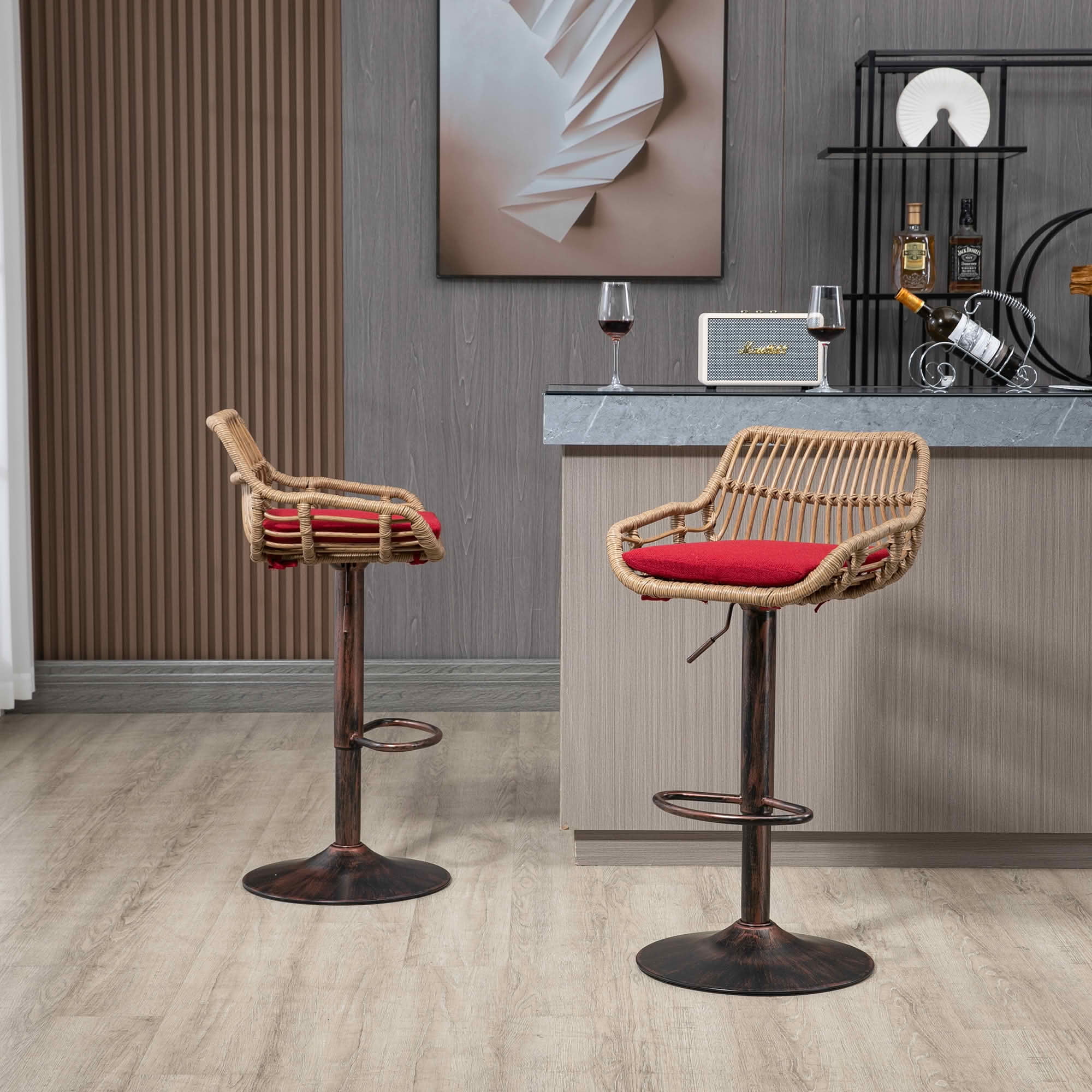 MAYEERTY Swivel Bar Stools Set of 2, Adjustable Height Chairs with Footrest, Linen and PE Rattan Back, Red
