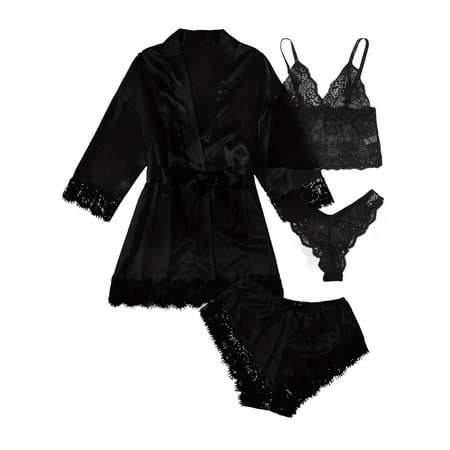 LilyLLL Womens Satin Silk Sleepwear Set 4pcs Pajamas Babydoll Lace Lingerie Nightdress Bobe