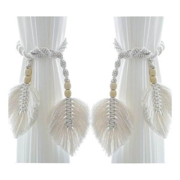 MAE Double Leaf Hand Knitting Natural Cotton Curtain Tiebacks with Wooden Bead, Farmhouse Style Curtain Holdback Rope for Home Bedroom Office Decorative