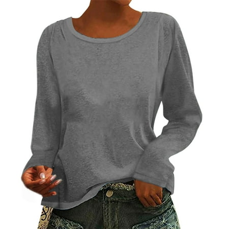 

Fsqjgq Women Plain Long Sleeve Shirts Women Round Neck Long Sleeve Top T Shirt Fashion Casual Top Pajama Tops Women Soft T Shirts for Womens Tops Polyester Grey M