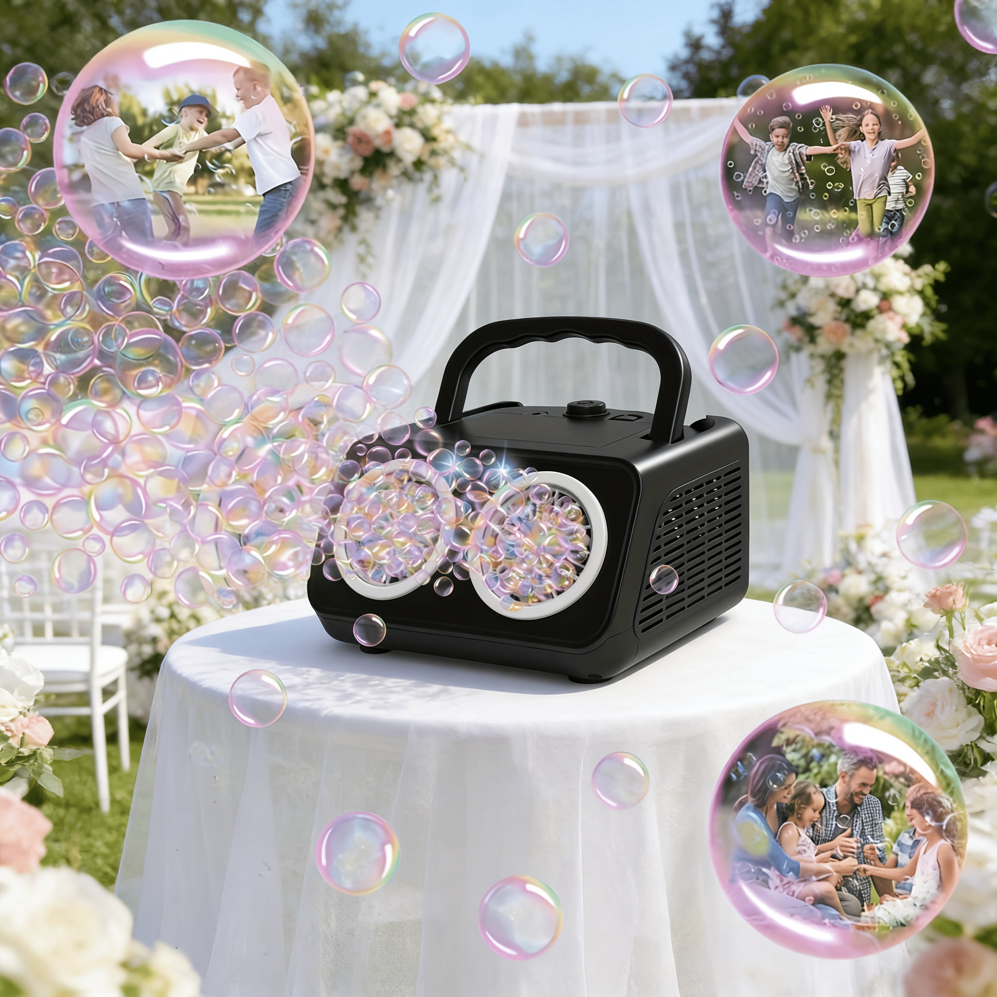 Automatic Bubble Machine with 2 Fans, 20,000 Bubbles/Min, Portable, Operates via Plug or Battery, Indoor & Outdoor Use